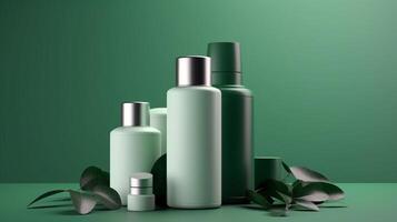 modello di cosmetico bottiglia con verde foglie, generativo ai foto