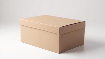 Marrone vuoto cartone scatola modello su bianca sfondo, generativo ai foto
