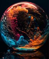 trasparente cristallo sfera. colorato fluido astratto movimento illusione. su un' nero sfondo. generativo ai foto