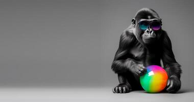 ritratto di gorilla Tenere sfera, isolato su grigio sfondo e copia spazio. generativo ai foto