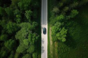 aereo Visualizza strada e foresta. strada andando attraverso foresta con auto Visualizza a partire dal sopra. generativo ai foto
