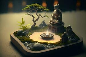 miniatura scrivania zen sandbox con monaco figura sedersi nel loto posizione, impilati zen mare pietre, Marrone elefante figurine, terme candele ardente contro buio studio sfondo, copia spazio. foto