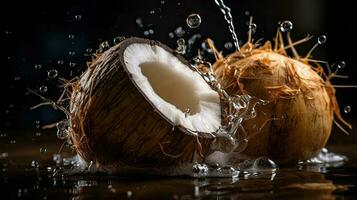 Noce di cocco frutta colpire di spruzzi di acqua con nero sfondo e sfocatura foto