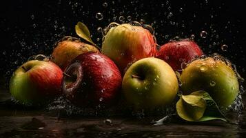 mele frutta colpire di spruzzi di acqua con nero sfondo e sfocatura foto