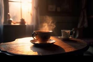 un' cottura a vapore tazza di tè su un' tavolo nel un' accogliente vecchio camera creato con generativo ai tecnologia. foto