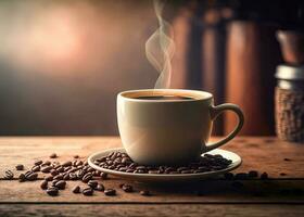 caldo caffè tazza con caffè fagioli, sfondo caffè foto