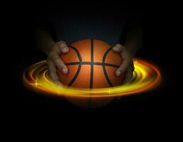pallacanestro palla nel maschio mani su nero sfondo con astratto luci. pallacanestro gioco concetto foto