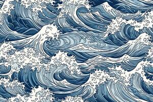 mano disegnato oceano Surf onda con schiuma senza soluzione di continuità modello. mare illustrazione. generativo ai foto