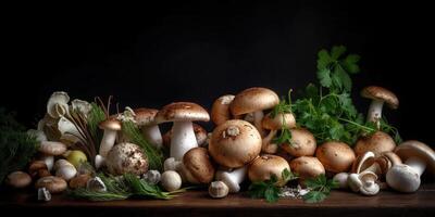 fungo veggie telaio. fresco biologico verdure e funghi su buio sfondo. Perfetto per sano cibo temi. generativo ai foto