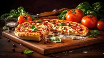 Pizza con Mozzarella, pomodori e basilico su di legno sfondo tavolo. generativo ai foto