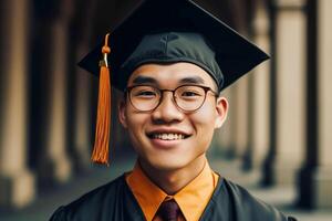 ritratto di asiatico americano giovane uomo indossare un' la laurea cap. studia, formazione scolastica, diplomato concetto. generativo ai illustrazione foto