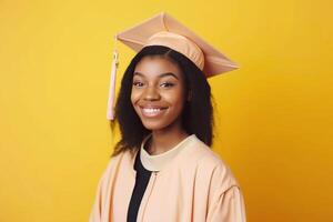 bellissimo nero donna indossare un' la laurea cap. studia, formazione scolastica, Università, Università, diplomato concetto. generativo ai illustrazione foto