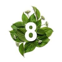 carta numero otto su sfondo di verde le foglie. minimo creativo disposizione con naturale elementi per il tuo design foto