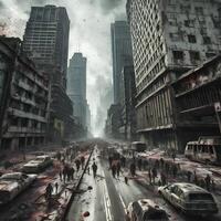 zombie apocalisse 3d surreale fotorealistico illustrazione nel un abbandonato città ai generato foto