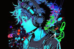 generativo ai un neon gamer anime moda ragazzo o uomo indossare cuffia, perso nel il suo musica. astratto sfondo quello evoca il sensazione di diverso generi di musica. bandiera musica concetto foto