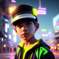 futuristico ritratto di un' ragazzo con illuminato al neon attrezzatura e megapolis sfondo 3d ultra realistico illustrazione ai generato foto