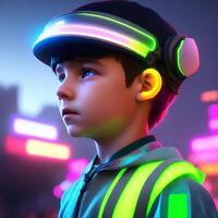 futuristico ragazzo con illuminato al neon attrezzatura e grande città sfondo 3d fotorealistico illustrazione ai generato foto