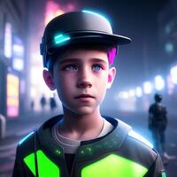 futuristico ragazzo con illuminato al neon attrezzatura su un' città sfondo illustrazione ai generato foto