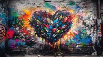 generativo ai, colorato cuore come graffiti amore simbolo su il parete, strada arte. fuso dipingere. foto