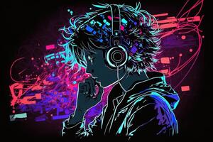 generativo ai un neon gamer anime moda ragazzo o uomo indossare cuffia, perso nel il suo musica. astratto sfondo quello evoca il sensazione di diverso generi di musica. bandiera musica concetto foto