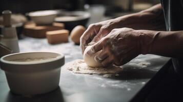 generativo ai, mani di panettiere nel ristorante o casa cucina, prepara ecologicamente naturale pasticcini foto