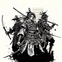 samurai guerriero con katana spada. ronin samurai contro cinque nemico circondato di per combattere, comico stile generativo ai foto