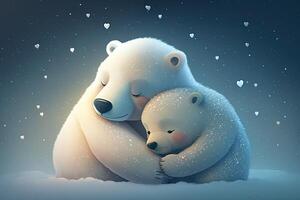 Due carino polare abbraccio insieme nel bianca neve sfondo. madre e bambino polare orso coccole come famiglia nel neve nel inverno. generativo ai foto