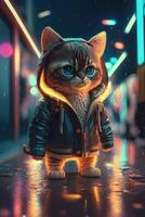 giocattolo carino gatto nel Abiti giacca e scarpe da ginnastica su strada sfondo con neon illuminazione, generativo ai foto
