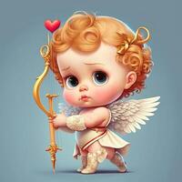 generativo ai adorabile bambino Cupido bellissimo ritratto, pieno corpo mano Tenere un' arco e freccia, cartone animato stile carattere. amore e San Valentino concetto. foto