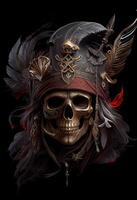 illustrazione di un vecchio cranio pirata su tavola un' nave, un' ritratto di un' Capitano, un' mare lupo, nero sfondo, generato ai foto