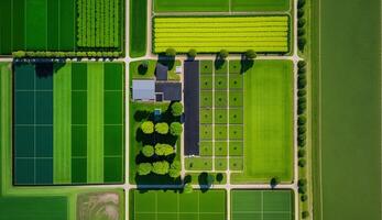 generativo ai, azienda agricola paesaggio, agricolo campi, bellissimo campagna, nazione strada. natura illustrazione, fotorealistico superiore Visualizza drone, orizzontale striscione. foto