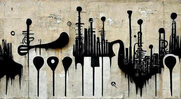 generativo ai, astratto strada arte con chiavi e musicale strumenti sagome. inchiostro colorato graffiti arte su un' strutturato carta Vintage ▾ sfondo, ispirato di Banksy foto