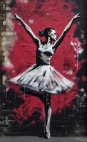 generativo ai, danza donna o ragazza, dinamico movimento. inchiostro dipingere colorato spruzzi strada graffiti arte su un' strutturato carta Vintage ▾ sfondo, ispirato di Banksy. foto