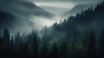 generativo ai, nebbioso abete foresta bellissimo paesaggio nel fricchettone Vintage ▾ retrò stile, nebbioso montagne e alberi foto