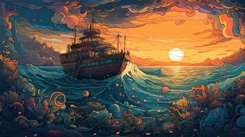 generativo ai, oceano nel il tramonto lineare illustrazione, psichedelico manga stile, altamente dettagliato. anime colorato stile foto