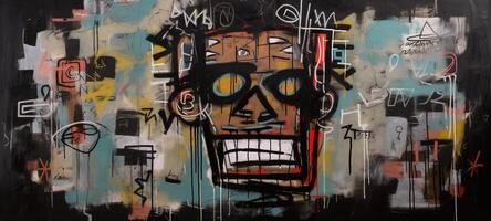 generativo ai, strada graffiti astratto arte con brutto viso su un' strutturato parete Vintage ▾ sfondo, ispirato di Jean-Michel Basquiat, nuovo York urbano stile. foto