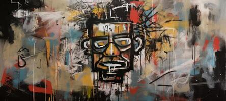 generativo ai, strada graffiti astratto arte con brutto viso su un' strutturato parete Vintage ▾ sfondo, ispirato di Jean-Michel Basquiat, nuovo York urbano stile. foto