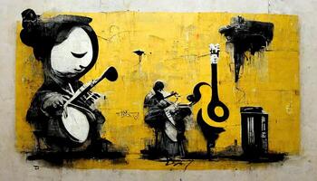 generativo ai, astratto strada arte con chiavi e musicale strumenti sagome. inchiostro colorato graffiti arte su un' strutturato carta Vintage ▾ sfondo, ispirato di Banksy foto