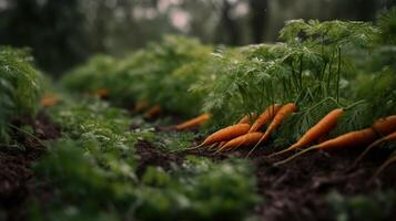 generativo ai, riga di fresco carote con verde foglie su il terra, verdure nel il giardino, un' bene raccogliere di eco prodotti. foto