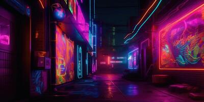 generativo ai, notte scena di dopo pioggia città nel cyberpunk stile, futuristico nostalgico anni 80, anni 90. neon luci vivace colori, fotorealistico orizzontale illustrazione. foto