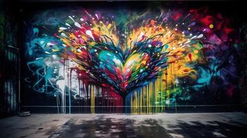 generativo ai, colorato cuore come graffiti amore simbolo su il parete, strada arte. fuso dipingere. foto