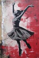 generativo ai, danza donna o ragazza, dinamico movimento. inchiostro dipingere colorato spruzzi strada graffiti arte su un' strutturato carta Vintage ▾ sfondo, ispirato di Banksy. foto