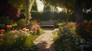 generativo ai, bellissimo estate privato giardino con molti fiori e impianti, natura paesaggio, inglese campagna Villetta stile foto