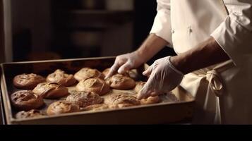 generativo ai, mani di panettiere nel ristorante o casa cucina, prepara ecologicamente naturale pasticcini foto