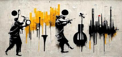 generativo ai, astratto strada arte con chiavi e musicale strumenti sagome. inchiostro colorato graffiti arte su un' strutturato carta Vintage ▾ sfondo, ispirato di Banksy foto