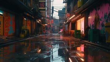 generativo ai, notte scena di dopo pioggia città nel cyberpunk stile, futuristico nostalgico anni 80, anni 90. neon luci vivace colori, fotorealistico orizzontale illustrazione. foto