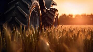 generativo ai, avvicinamento moderno combinare mietitore su un' Grano campo, azienda agricola paesaggio, agricolo bellissimo campagna. natura illustrazione, fotorealistico orizzontale striscione. foto