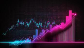 generativo ai, azione mercato grafico linee, finanziario grafico su tecnologia nel blu e rosa neon colori, finanziario fusione. tecnologia concetto, commercio mercato concetto. foto