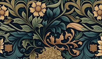 generativo ai, floreale colorato modello. William morris ispirato naturale impianti e fiori sfondo, Vintage ▾ illustrazione. fogliame ornamento. foto