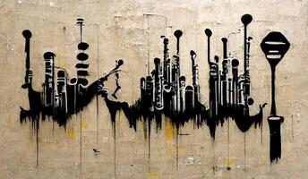 generativo ai, astratto strada arte con chiavi e musicale strumenti sagome. inchiostro colorato graffiti arte su un' strutturato carta Vintage ▾ sfondo, ispirato di Banksy foto